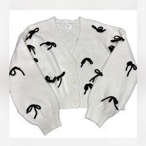 Luna Ivy White Cardigan with Black Bow Details